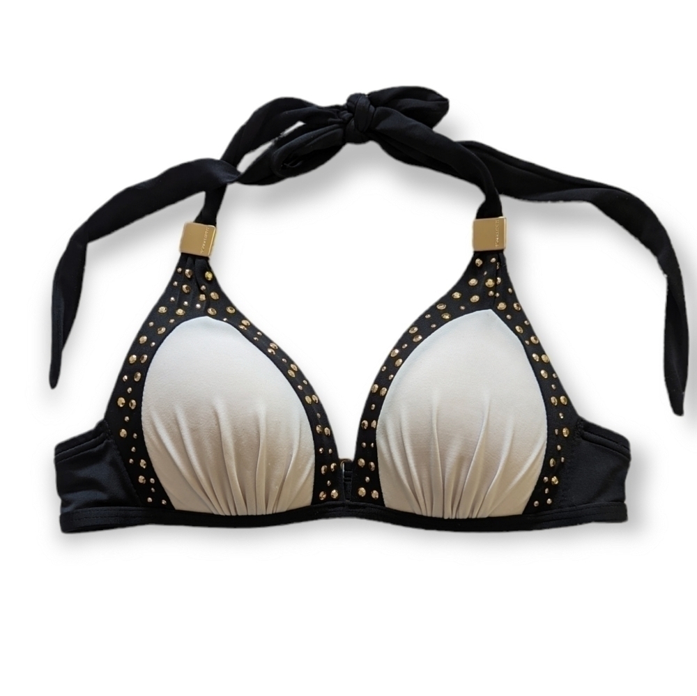 V.s. Halter Bikini Top Black & White w/ Gold Accents XS